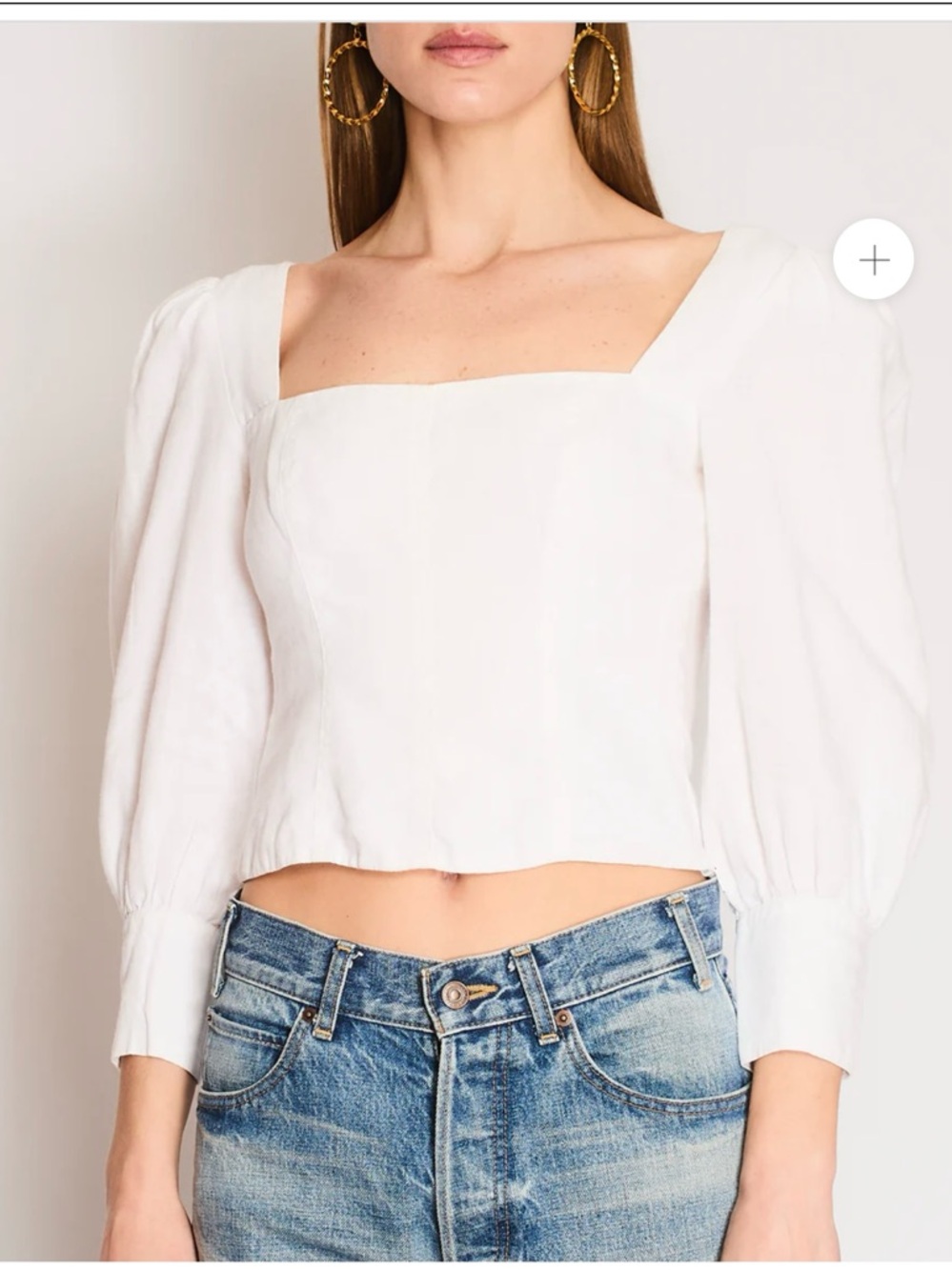 REFORMATION White Linen Ballon Sleeve Top With Ribbed and Corset Detail Size 8